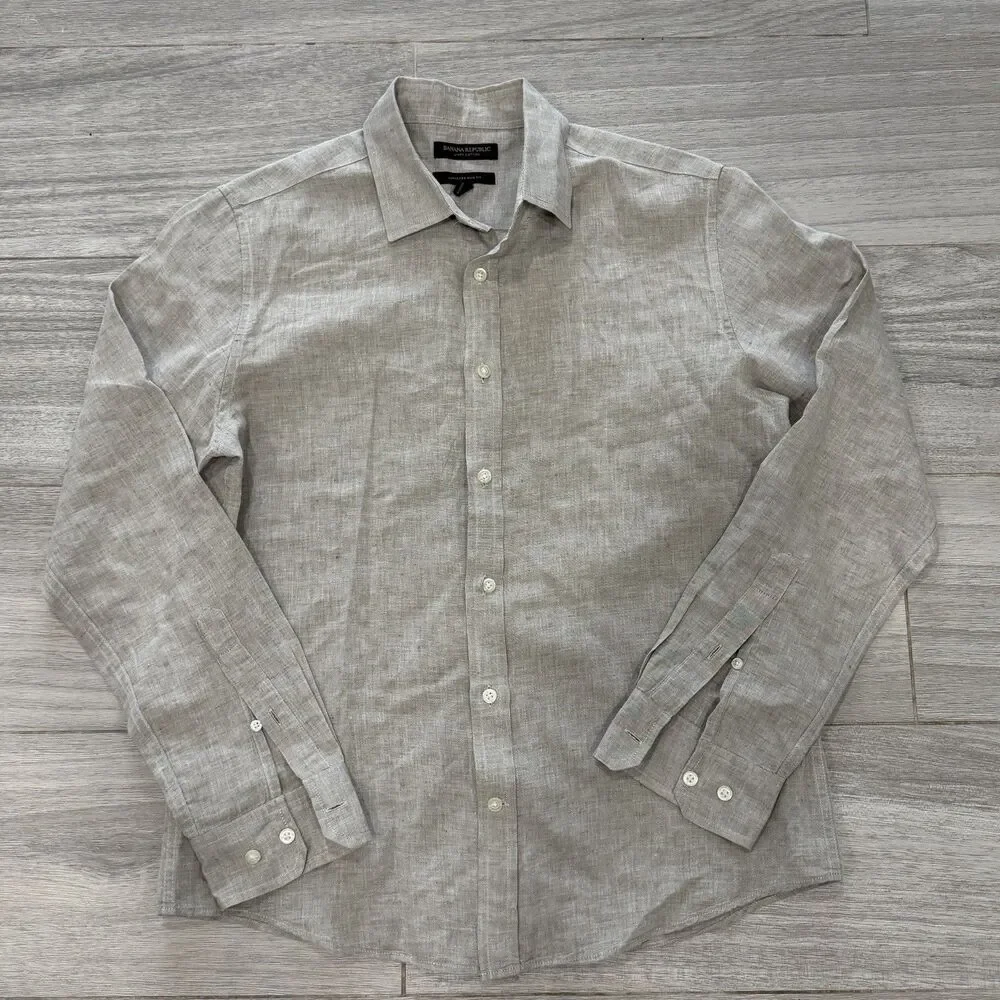 Banana Republic Camden 100% Linen Long Sleeve Button Down Shirt Mens Medium Gray